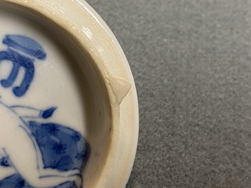 A rare Chinese blue and white 'erotical subject' box and cover, Kangxi