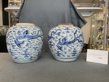 Two Chinese blue and white 'dragon and phoenix' jars, Yongzheng
