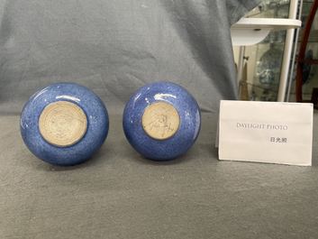 A pair of Chinese monochrome powder blue bottle vases, Kangxi