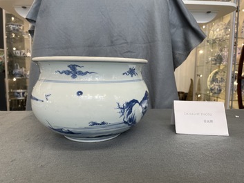 A Chinese blue and white censer with a mountainous landscape, Kangxi