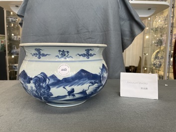 A Chinese blue and white censer with a mountainous landscape, Kangxi