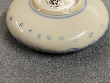 A rare Chinese blue and white 'erotical subject' box and cover, Kangxi
