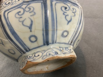 A Chinese blue and white octagonal bottle vase with floral design, Hongwu