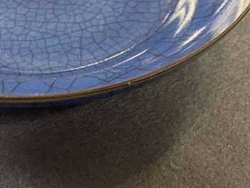 A pair of Chinese monochrome blue crackle-ground plates, Jiaqing