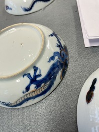 Six Chinese doucai 'dragon' cups and saucers, Kangxi
