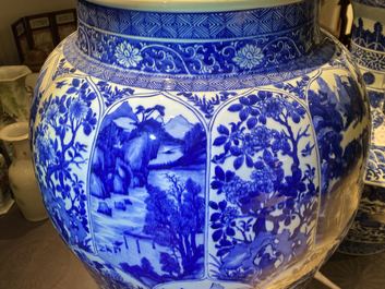 A massive Chinese blue and white vase with floral and landscape panels, Kangxi