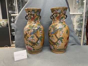 A pair of Chinese famille rose relief-molded vases and two with phoenixes, 19th C.