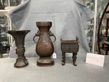 Two Chinese archaic bronze vases and a censer, 18/19th C.