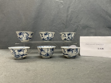 Six Chinese blue and white cups and saucers with horseriders, Kangxi