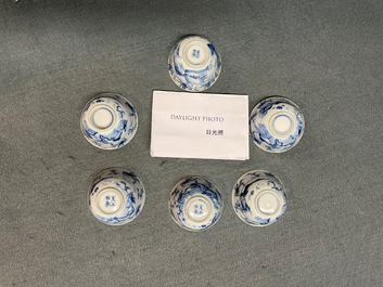 Six Chinese blue and white cups and saucers with horseriders, Kangxi