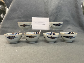 Six Chinese doucai 'dragon' cups and saucers, Kangxi