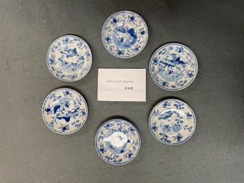 Six Chinese blue and white cups and saucers with horseriders, Kangxi