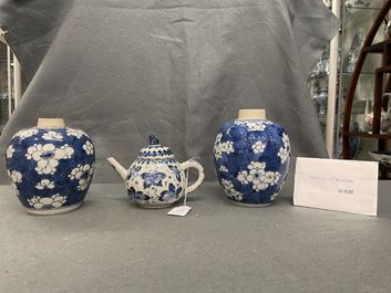 Une paire de jarres et une th&eacute;i&egrave;re couverte en porcelaine de Chine en bleu et blanc, Kangxi
