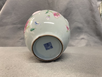 A Chinese famille rose lavender blue-ground vase, Yongzheng mark, 19/20th C.