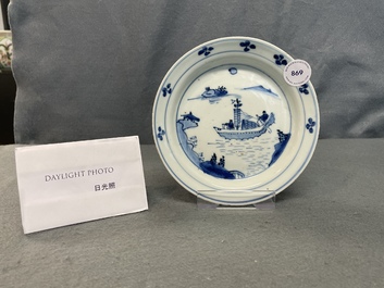 A Chinese blue and white plate with a junk, Wanli