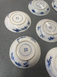 Six Chinese blue and white cups and eight saucers with horseriders, Kangxi