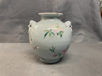 A Chinese famille rose lavender blue-ground vase, Yongzheng mark, 19/20th C.