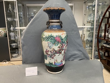 A Chinese Nanking famille rose crackle-glazed 'warrior' vase, 19th C.