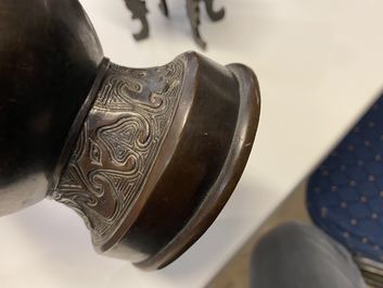Two Chinese archaic bronze vases and a censer, 18/19th C.