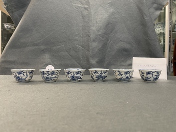 Six Chinese blue and white cups and eight saucers with horseriders, Kangxi