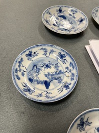 Six Chinese blue and white cups and saucers with horseriders, Kangxi