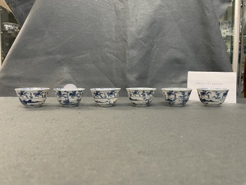 Six Chinese blue and white cups and eight saucers with horseriders, Kangxi