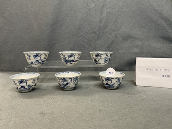Six Chinese blue and white cups and saucers with horseriders, Kangxi