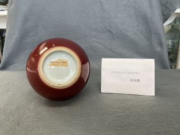 Un vase de forme bouteille en porcelaine de Chine sang de boeuf monochrome, Kangxi