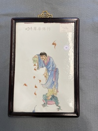 A Chinese famille rose plaque with Liu Hai on his three-legged toad, 19th C