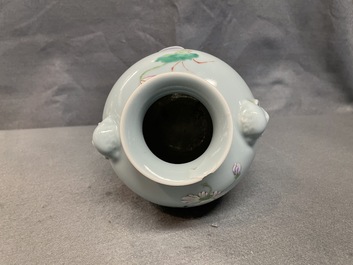 A Chinese famille rose lavender blue-ground vase, Yongzheng mark, 19/20th C.