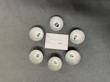 Six Chinese blue and white cups and saucers with horseriders, Kangxi