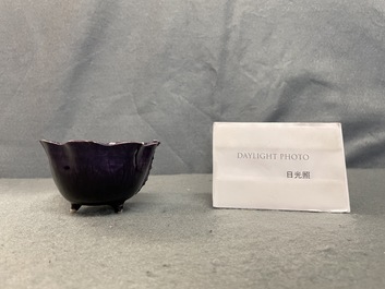 A Chinese aubergine- and turquoise-glazed 'lotus' trick cup, Kangxi