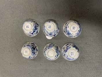 Six Chinese blue and white cups and eight saucers with horseriders, Kangxi