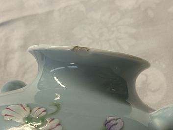A Chinese famille rose lavender blue-ground vase, Yongzheng mark, 19/20th C.
