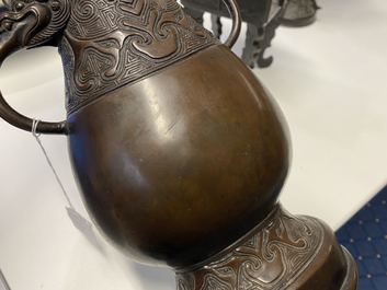 Two Chinese archaic bronze vases and a censer, 18/19th C.