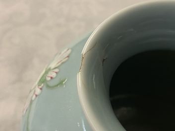 A Chinese famille rose lavender blue-ground vase, Yongzheng mark, 19/20th C.