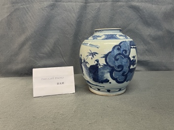 A Chinese blue and white jar with figures in a landscape, Wanli