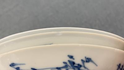 Six Chinese blue and white cups and eight saucers with horseriders, Kangxi
