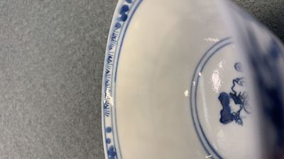 Six Chinese blue and white cups and eight saucers with horseriders, Kangxi