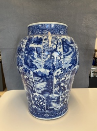 A massive Chinese blue and white vase with floral and landscape panels, Kangxi