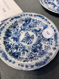Eleven Chinese blue and white lobed cups and saucers, Kangxi