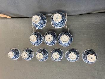 Eleven Chinese blue and white lobed cups and saucers, Kangxi