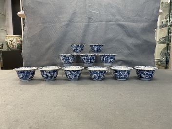 Eleven Chinese blue and white lobed cups and saucers, Kangxi
