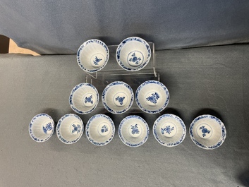 Eleven Chinese blue and white lobed cups and saucers, Kangxi