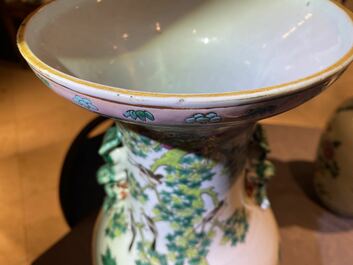A pair of Chinese famille rose relief-molded vases and two with phoenixes, 19th C.