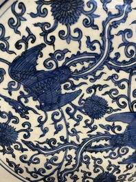 A large Chinese blue and white 'two phoenixes' dish, Jiajing