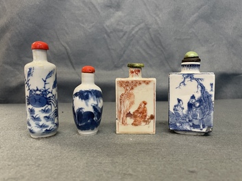 Four Chinese blue and white and iron-red snuff bottles, 19/20th C.