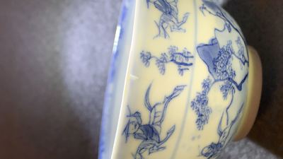 Six Chinese blue and white cups and eight saucers with horseriders, Kangxi