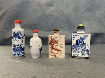 Four Chinese blue and white and iron-red snuff bottles, 19/20th C.