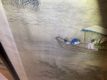Chinese school, ink and colour on silk, 18/19th C.: 'Tea party on the water'
